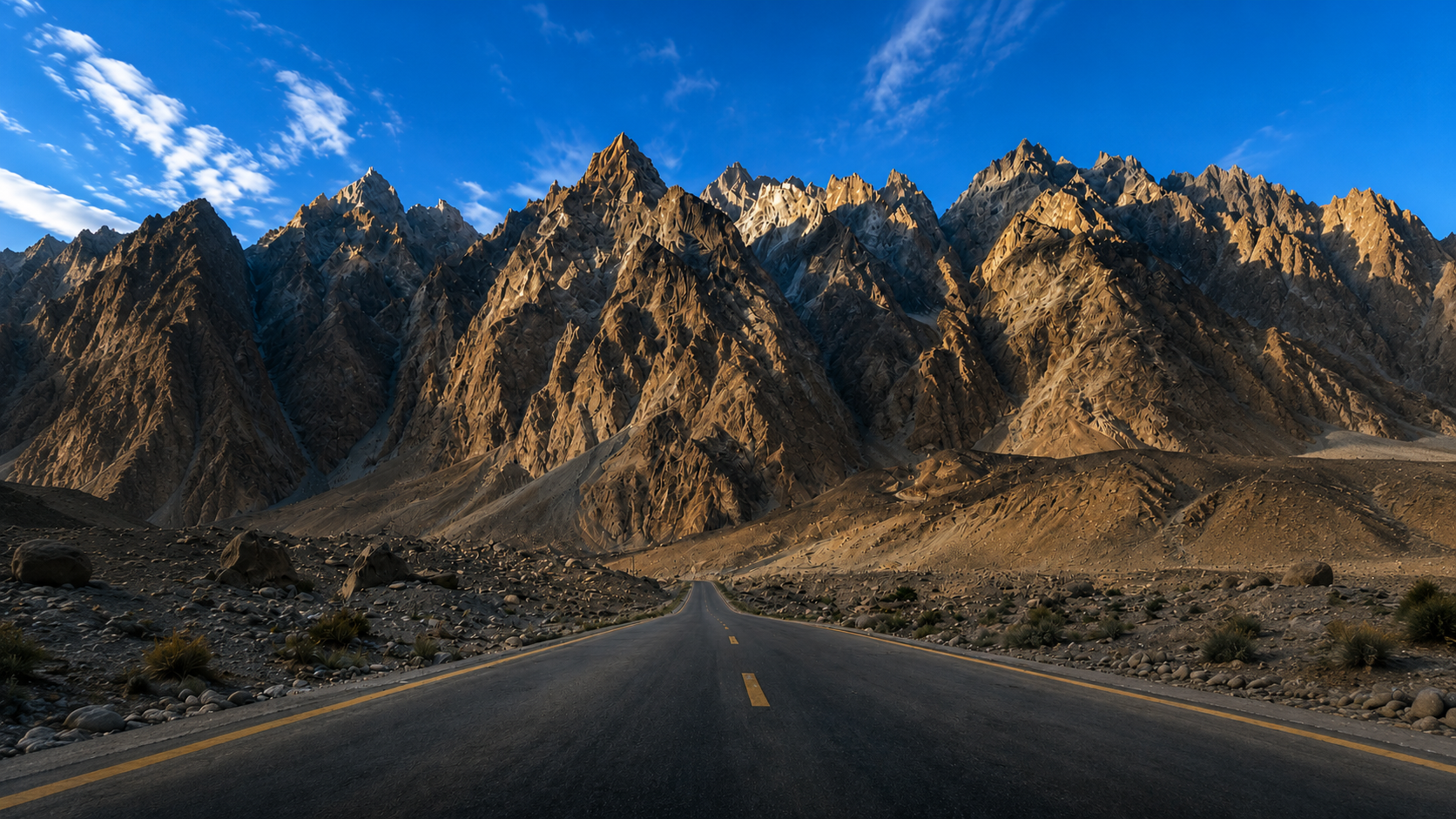 Mountain road stretching through dramatic northern Pakistan landscape in Hunza valley
